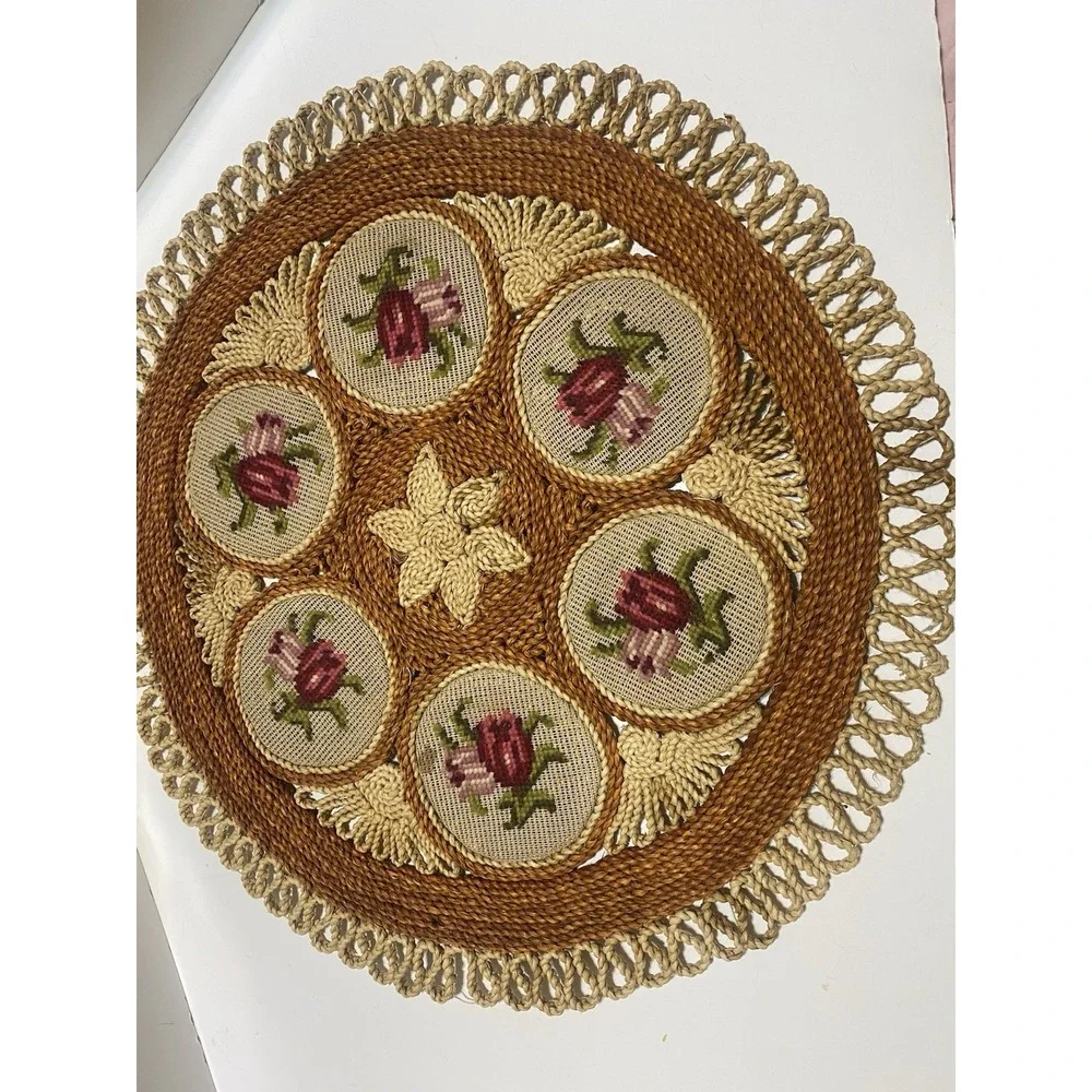 Woven Rattan Table Centerpiece 1970's MCM Needlepoint  Roses-As Is